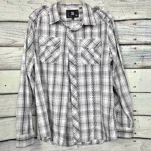 Red Crown Plaid Button Down Shirt Black White L